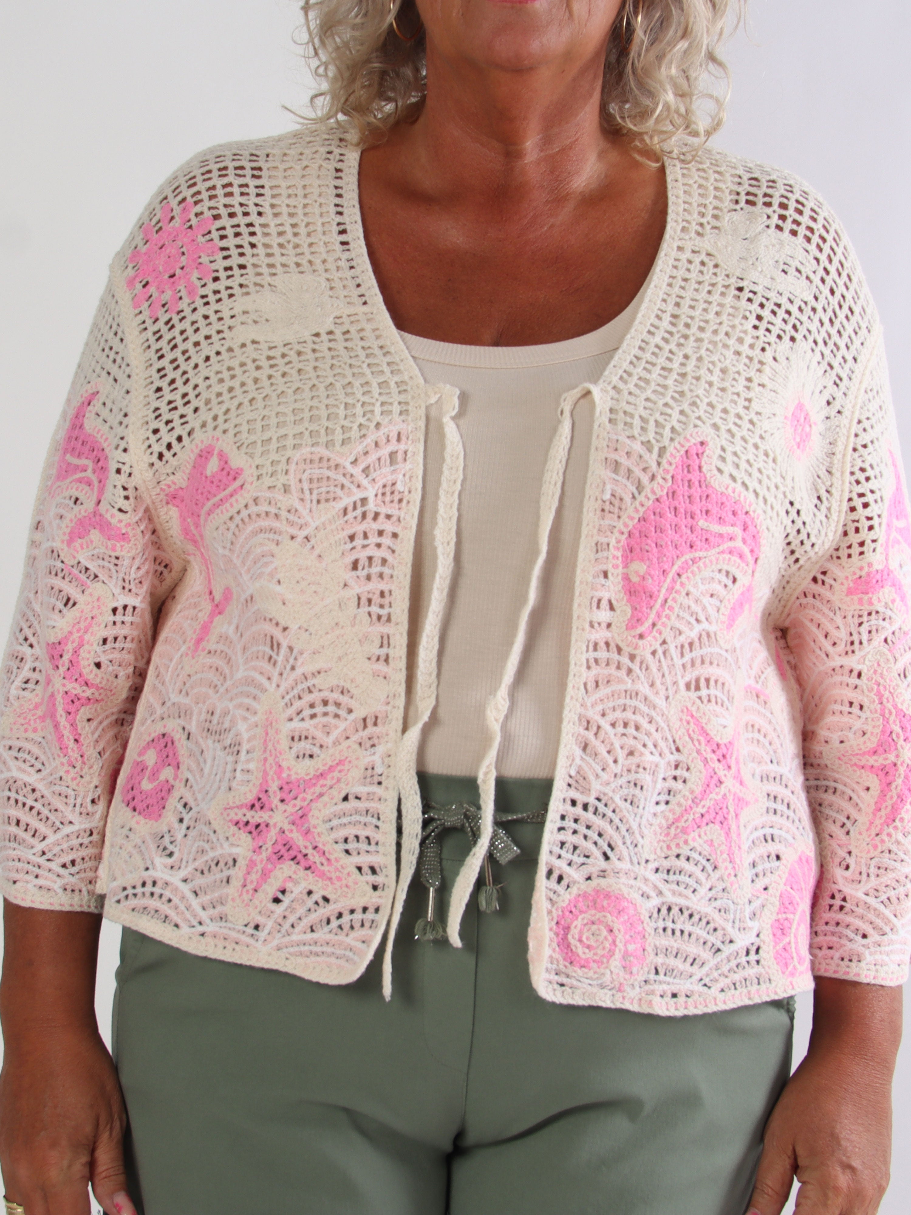 Diana - Hæklet plus size bomulds cardigan med sommermotiver